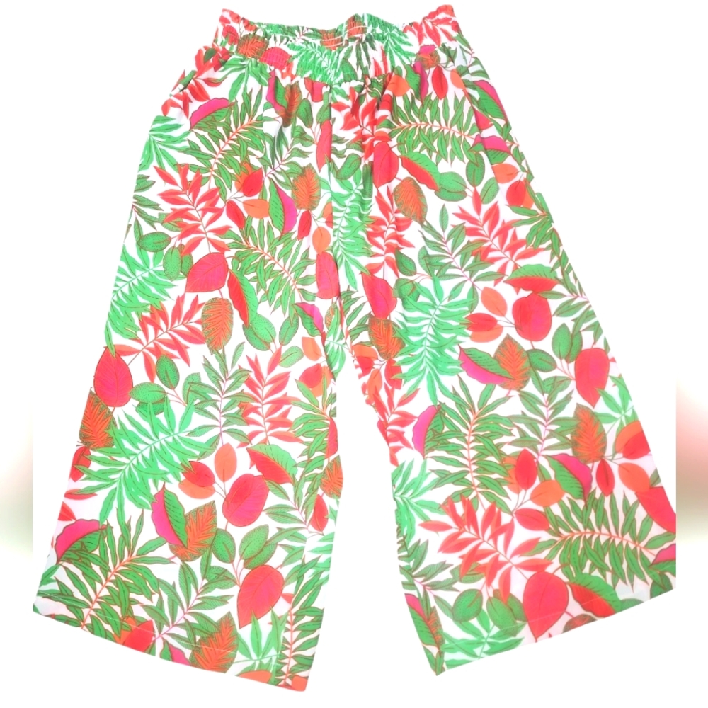 Rose + Olive Vibrant Tropical Print Wide Legs Pants. 1X